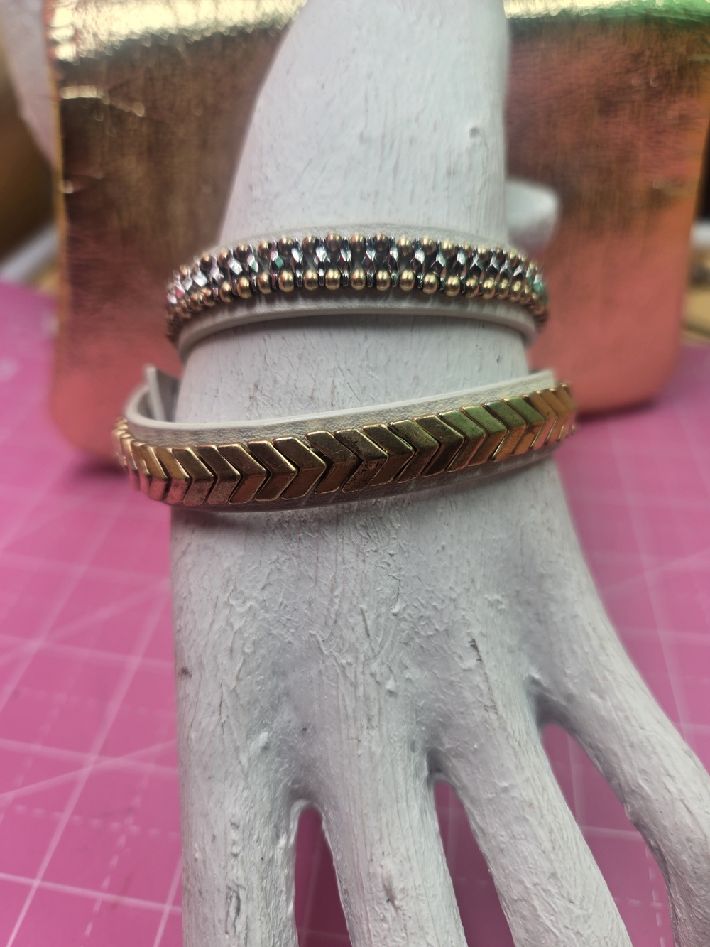 Gold & Silver Double Wrap Chevron Leather Bracelet